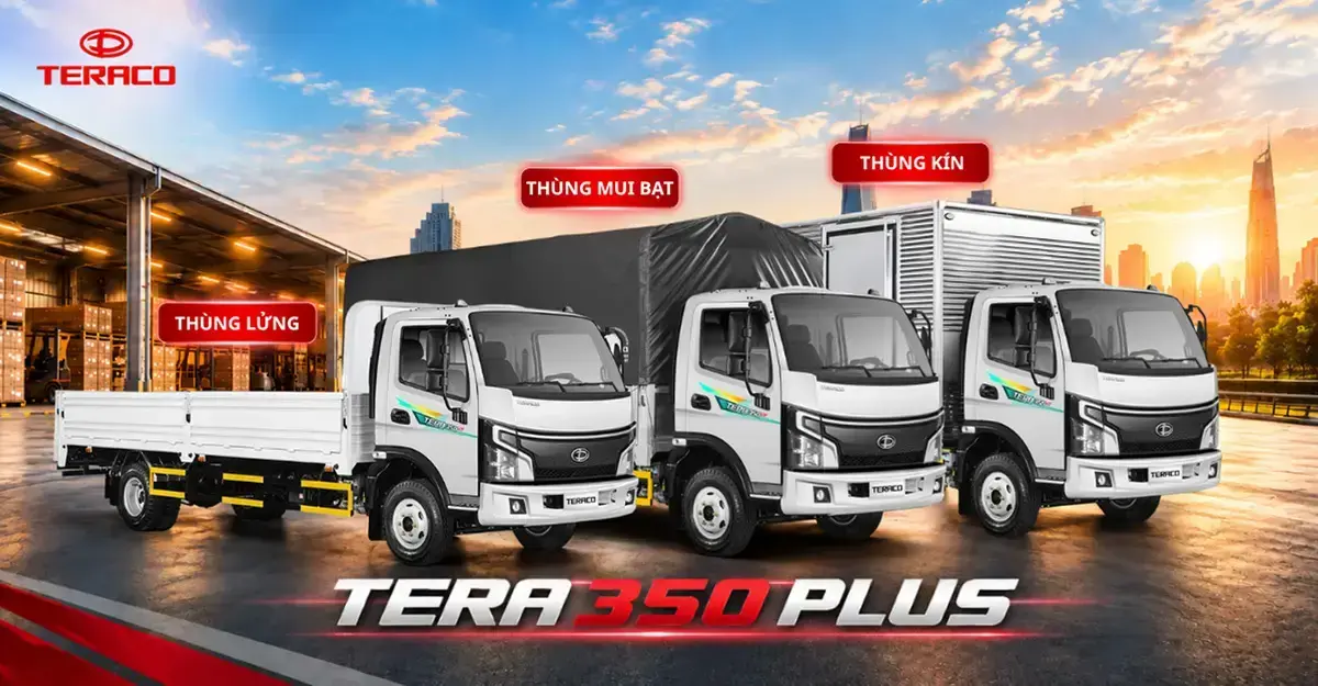 xe tải TERA 350 Plus với các loại thùng khác nhau gồm thùng lửng, thùng kín và thùng mui bạt.